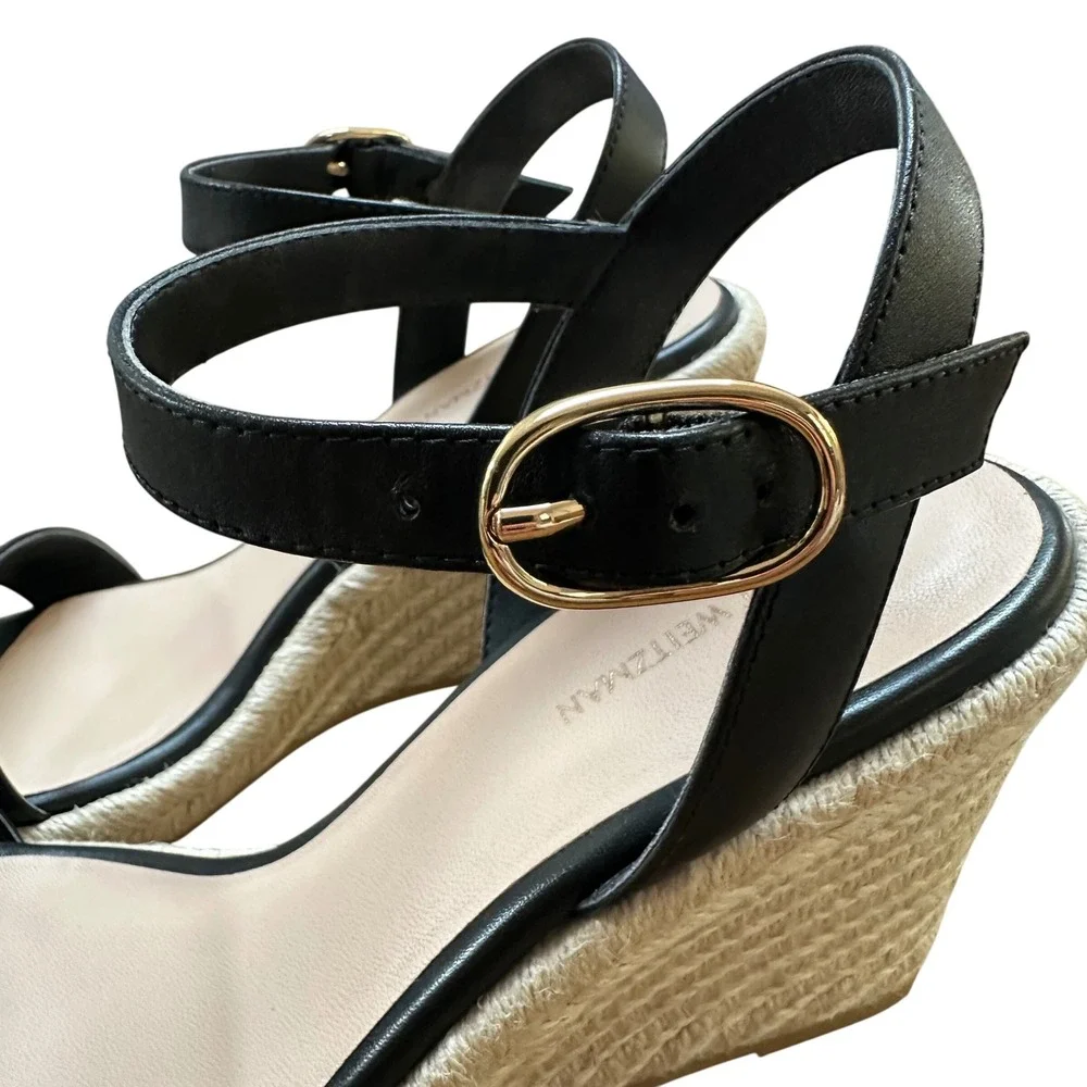 Stuart Weitzman Black Leather Espadrille Wedge Sandals Ankle Strap Size 8 - Picture 6 of 8